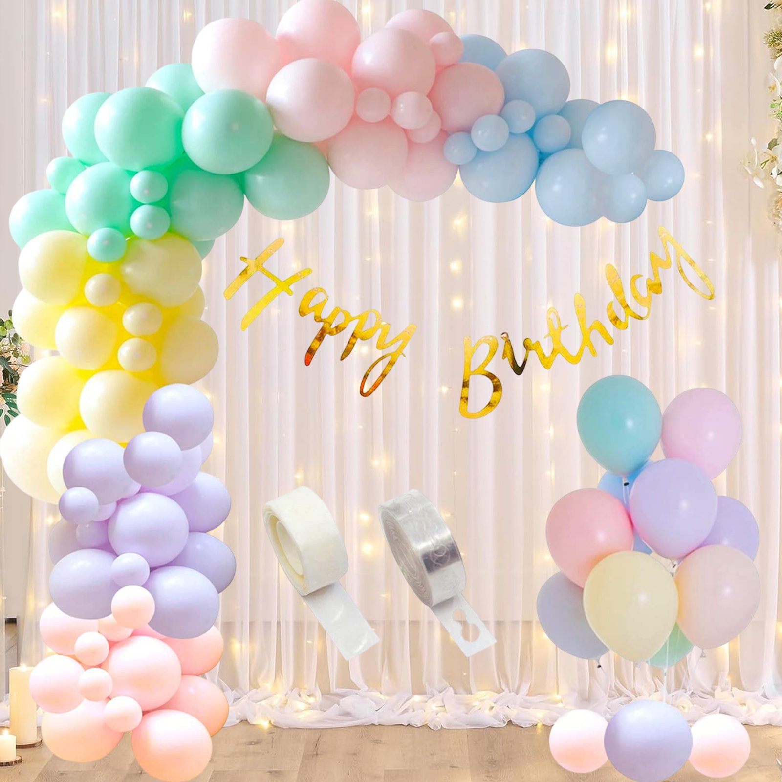 Midlinkerz Happy Birthday Decoration Kit for Girls, Pastel Balloons for Birthday Backdrop for Decoration with LED Decorative lights (40ft Long), Rainbow Theme, Pastel Balloons for Decoration