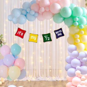 Midlinkerz Half Birthday Decoration Items for baby girl, Birthday decoration kit, Pastel Pink, Purple, Blue, Yellow & Green Balloons, White curtains, Fairy lights (40ft)- 59 Pcs
