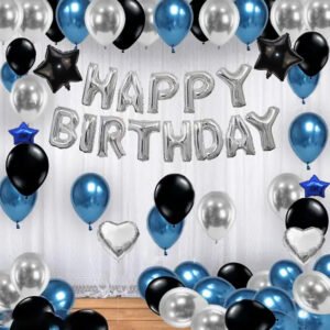 MIDLINKERZ Solid Happy Birthday Balloons Decoration Kit 47 Pcs, 1 set of silver 13Pcs "Happy Birthday" alphabet foil balloons and 30Pcs Blue, Black and Silver HD Metallic Balloons Set with Free 1Pcs of Glue Dot for Husband Kids Boys Balloons Decorations Items Combo with Helium Letters Foil Balloon Banner, Latex Metallic Balloons Balloon (Multicolor, Pack of 43)