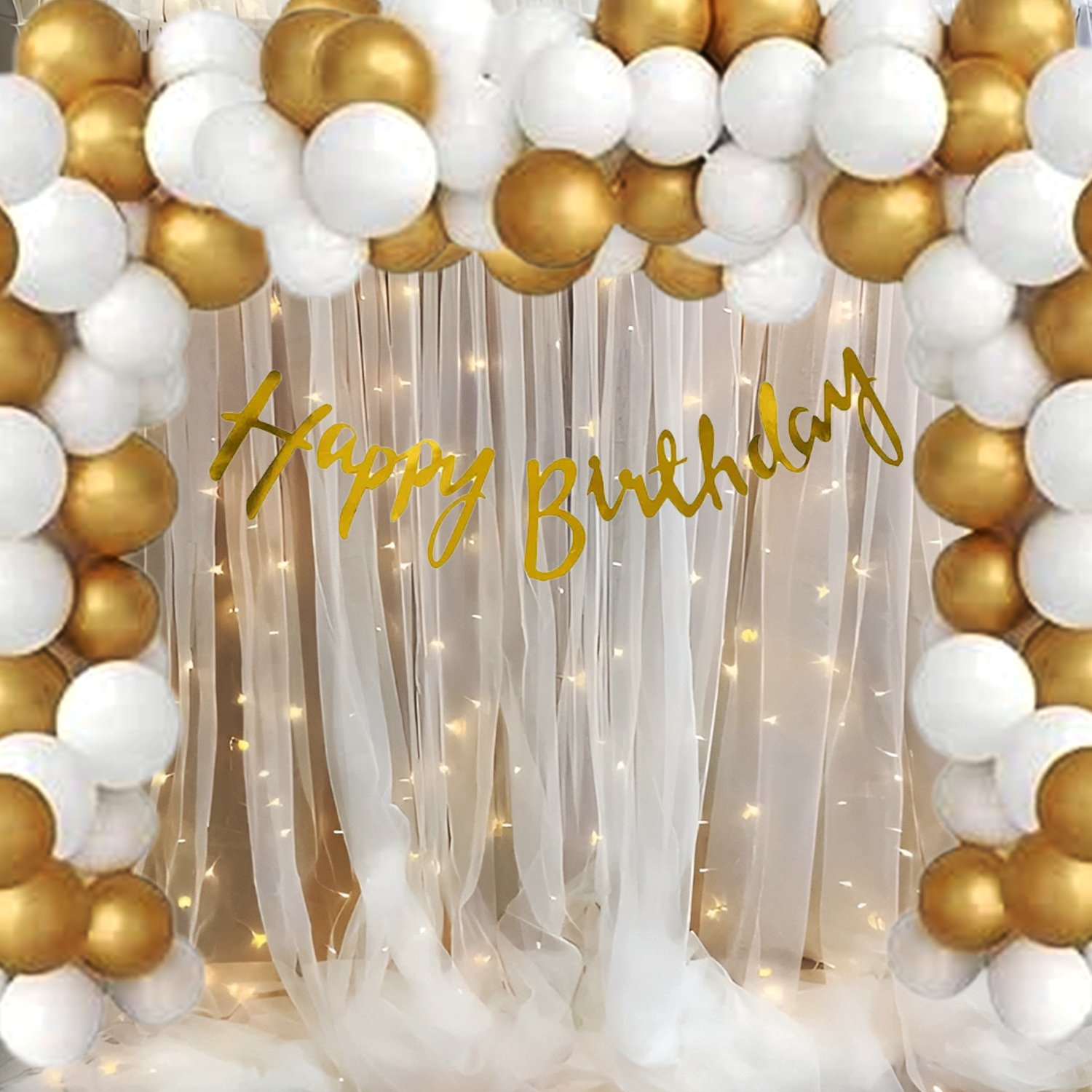 Midlinkerz Solid White and Golden Balloon Decoration for Birthday|with Led Light an Curtain Balloon Bouquet (White, Gold, Pack of 26)