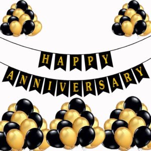 Midlinkerz Happy Anniversary Balloons Decoration Kit 31 Pcs, 1 set of Happy Anniversary banner and 30 Pcs Golden and Black Metallic Balloons Set for Husband Kids Boys Balloons Decorations (Set of 31)