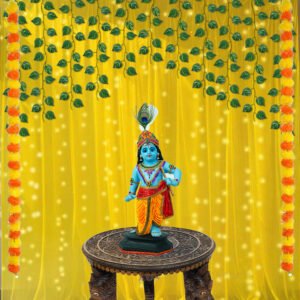 Midlinkerz 15 Pc Yellow Curtain Decoration Kit with LED Fairy Lights, Marigold Garland & Green Vines – Backdrop Decoration for Haldi, Wedding Stage, Pooja, Home, Festival, Birthday & Anniversary Party