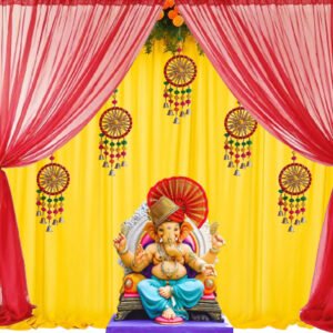 Midlinkerz Ganpati Decoration Setup for Home with Yellow and Red Curtains (7 * 3.5ft) & Chakra Latkan for Ganesh Chaturthi Decoration Items,Ganesh Chaturthi Decorations Setup-12Pcs