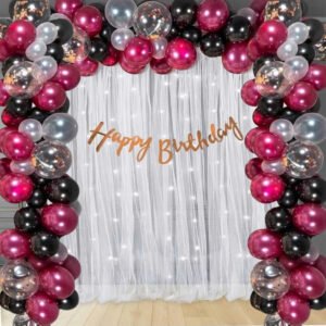 Midlinkerz Maroon And Black Happy Birthday Decoration Kit With White Sheer Net Curtain Backdrop Cloth For Decoration & Photography, LED Fairy Lights 40Ft, Burgundy Balloons - 73 Pcs