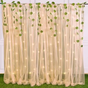 Midlinkerz Home Decor Items With White Back Drop Curtain For Decorations, Green Vines & Light, Ganesh Chaturthi Decoration Setup, Wall Decor Items- 9Pcs