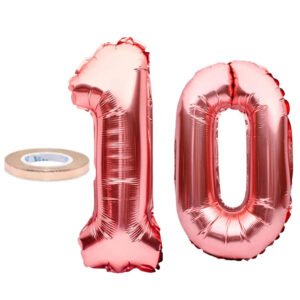 Party Midlinkerz Birthday Numbers Solid RoseGold '10' number Numerical Foil Balloon with Ribbon for Celebration (Rose Gold, Pack of 3) (Set of 3)
