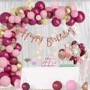 Midlinkerz Pink and Maroon Birthday Decoration Kit with White net curtain & Fairy Light (Set of 64)