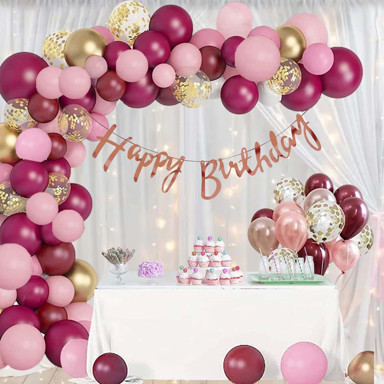 Midlinkerz Pink and Maroon Birthday Decoration Kit with White net curtain & Fairy Light (Set of 64)