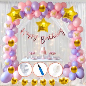 Midlinkerz Purple Net Happy Birthday Decoration kit items -66 Pcs for Birthday Combo pack (Set of 58)