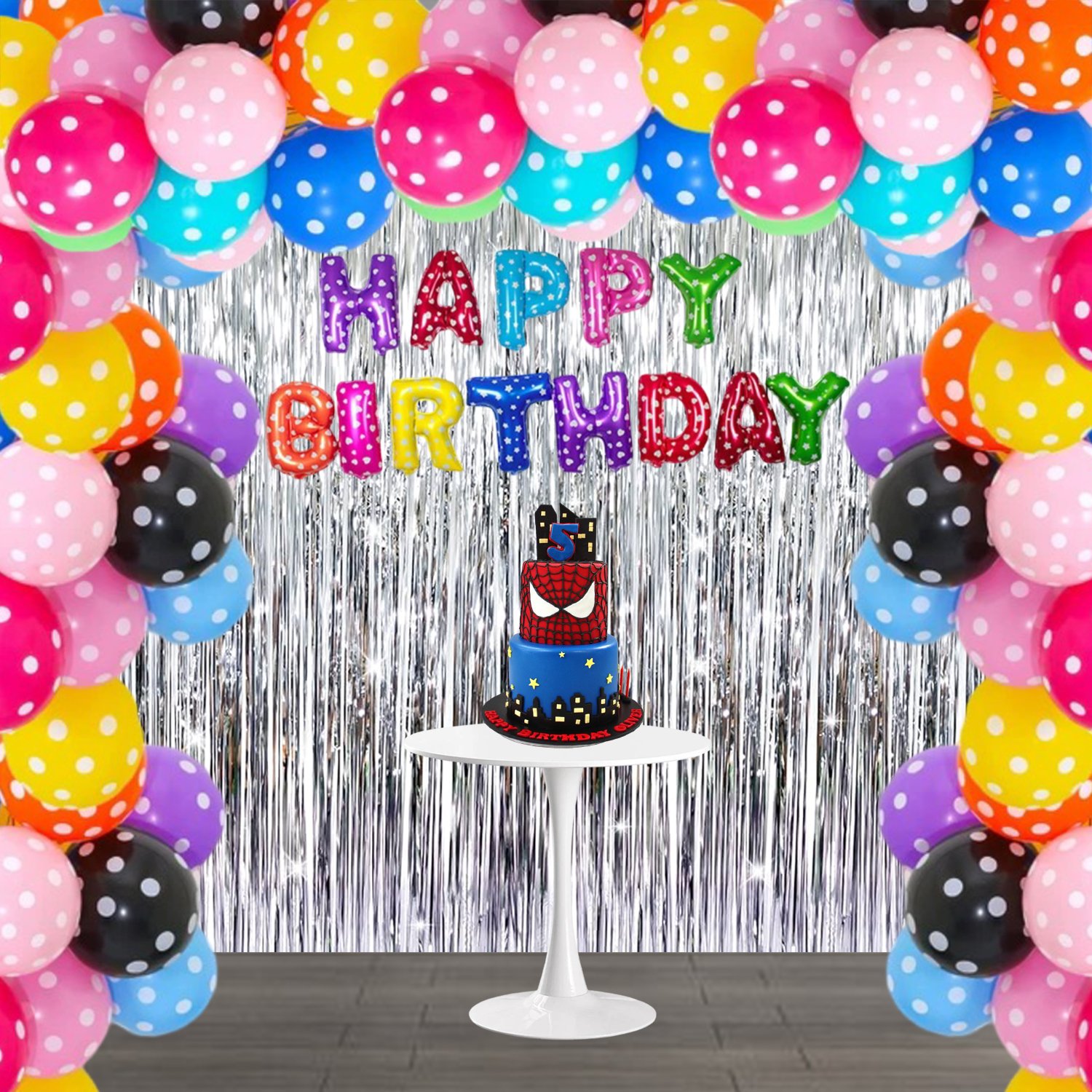 Midlinkerz Solid Happy Birthday Balloons Decoration Kit 66 Pcs, 1 set of Multicolor 13Pcs "Happy Birthday" alphabet foil balloons and 50Pcs Polka Dot Balloon Set with 2Pcs Silver Curtain and 1 Pc Ribbion for Birthday Theme Decorations Items Combo with Helium Letters Foil Balloon Banner, Latex Metallic Balloons Balloon (Multicolor, Pack of 66) (Set of 46)