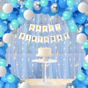 Midlinkerz Blue Theme Birthday Decorations With Tulle Net Curtain for Backdrop, Photography - Dark, Light Blue, White, Mint Green, Silver Chrome Balloons - 65 Items