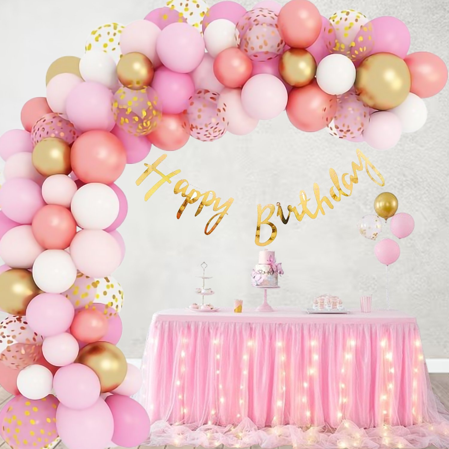 Midlinkerz 54 Pcs Birthday Decoration Kit Rose Gold Pink White Balloon Birthday Banner, Gold Chrome Gold Confetti Arc, Glue Dot For Girls Kids Baby Birthday Decoration Items | Birthday Decoration Combo