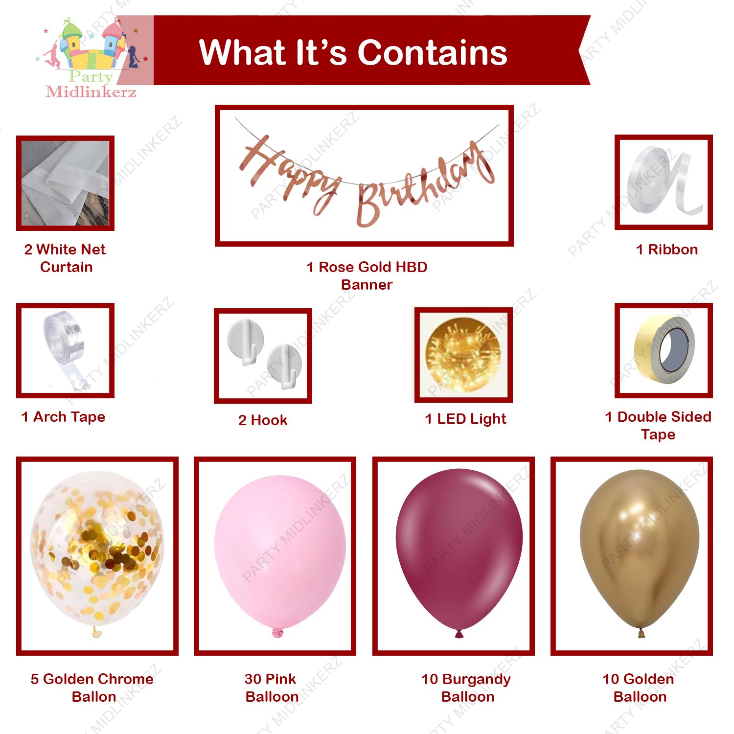 Midlinkerz Pink and Maroon Birthday Decoration Kit with White net curtain & Fairy Light (Set of 64) - Image 2