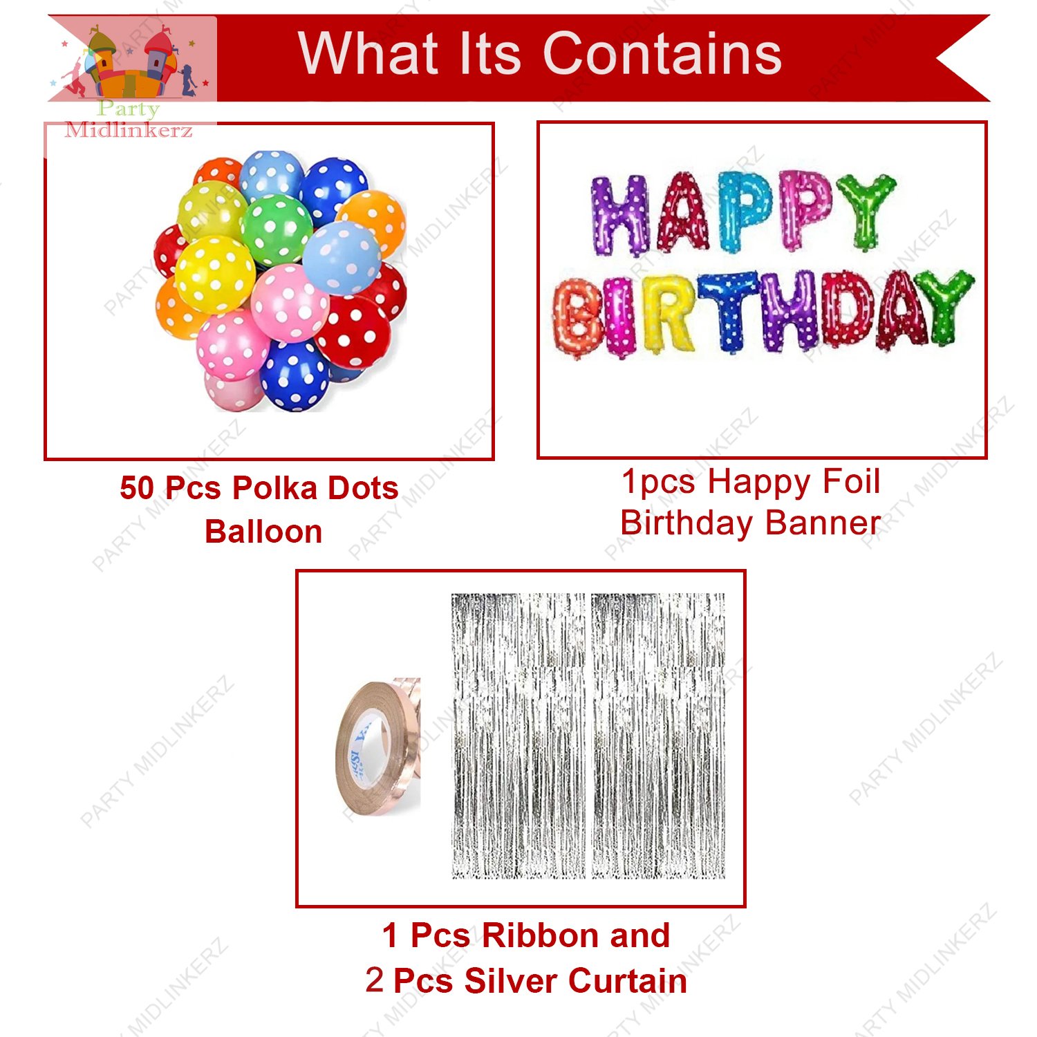 Midlinkerz Solid Happy Birthday Balloons Decoration Kit 66 Pcs, 1 set of Multicolor 13Pcs "Happy Birthday" alphabet foil balloons and 50Pcs Polka Dot Balloon Set with 2Pcs Silver Curtain and 1 Pc Ribbion for Birthday Theme Decorations Items Combo with Helium Letters Foil Balloon Banner, Latex Metallic Balloons Balloon (Multicolor, Pack of 66) (Set of 46) - Image 2