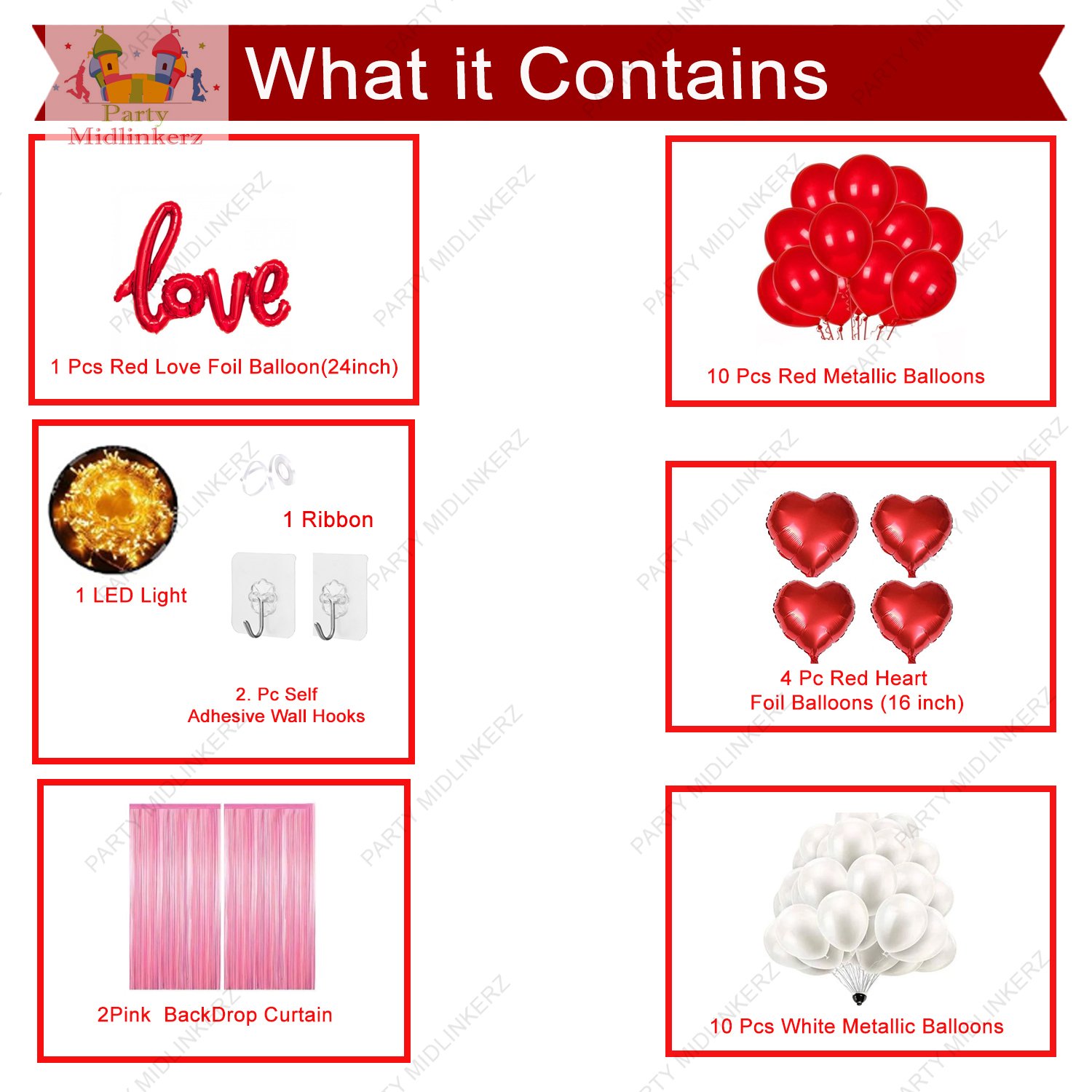 31 Pc Tent Romantic Decoration Set Red and White Balloons Foil Heart LED Light and Back Drop White Curtains| bedroom decoration items| theme Romantic /birthday party decorations banner - Image 2