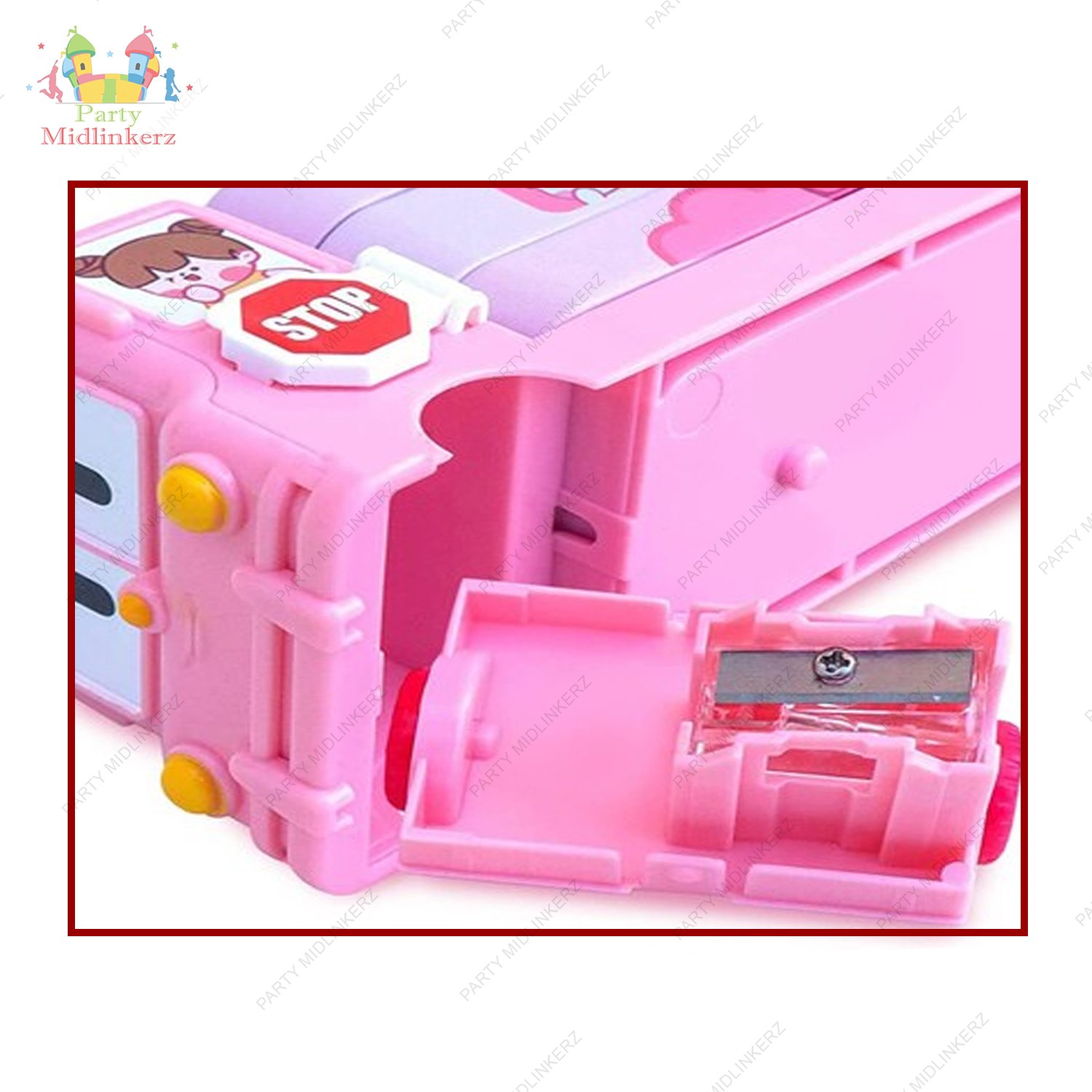 Midlinkerz Bus Shape Pencil Box School Bus Metal Geometry Box for Kids Magic Bus Moving Tyres with Dual Shelf Inbuilt Sharpener Geometry Box for Boys & Girls (Unicorn Bus Pink) - Image 2