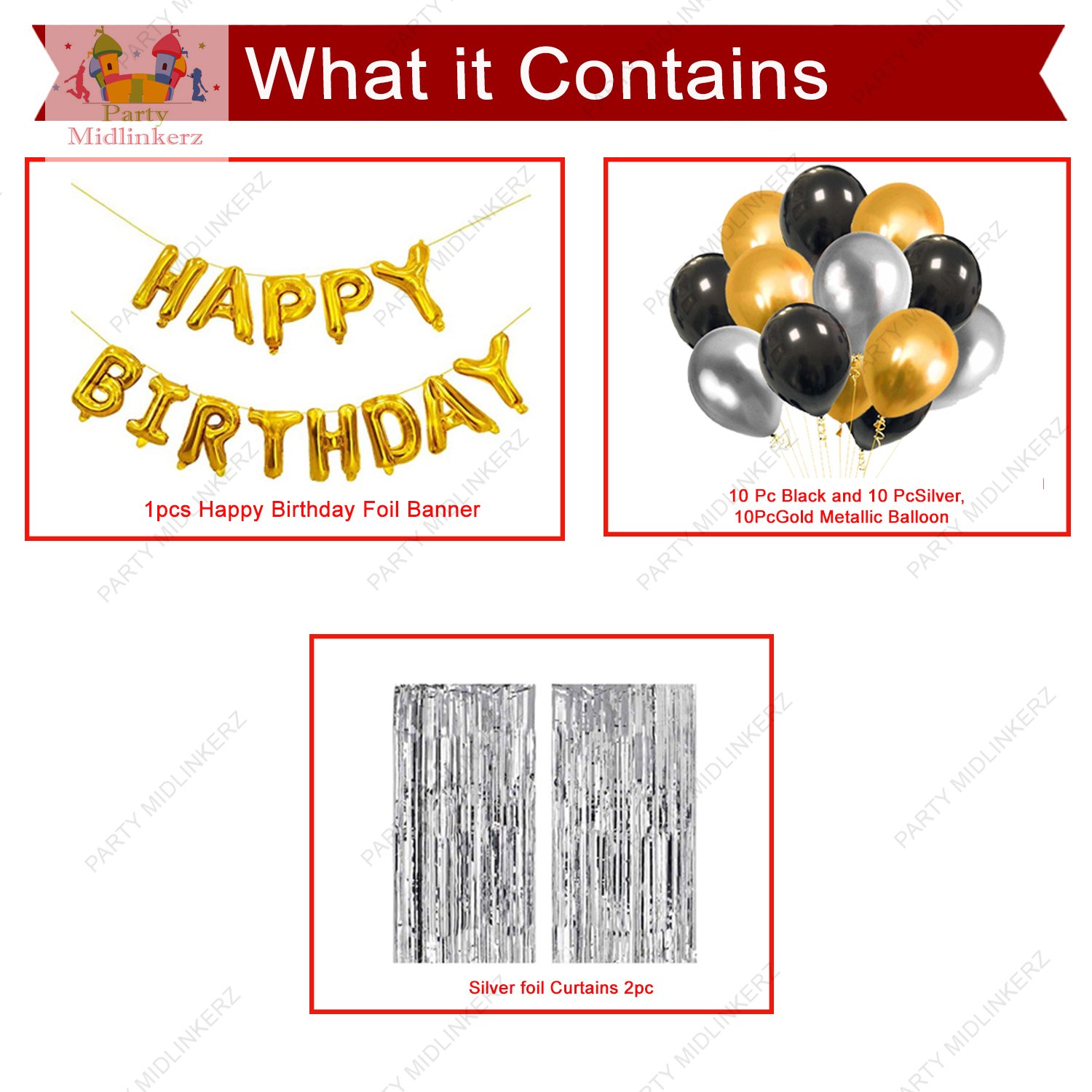MIDLINKERZ Solid Happy Birthday Balloons Decoration Kit 45 Pcs, 1 set of silver 13Pcs "Happy Birthday" alphabet foil balloons and 30Pcs Golden, Black and Silver MetallicSet with 2Pcs of Silver Foil for Husband Kids Boys Balloons Decorations Items Combo with Helium Letters Foil Balloon Banner, Latex Metallic Balloons Balloon (Multicolor, Pack of 45) (Set of 45) - Image 2