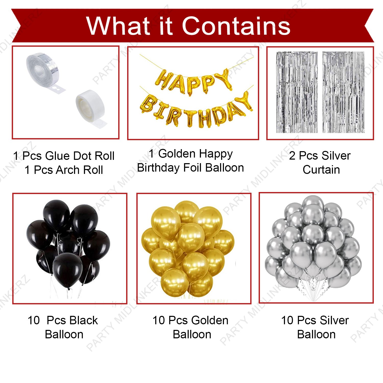 Midlinkerz Happy Birthday Balloons Decoration Kit 33 Pcs, 1 set of Golden 13Pcs "Happy Birthday" alphabet foil balloons and 30Pcs Golden, Black and Silver MetallicSet with 2Pcs of Silver Foil for Husband Kids Boys Balloons Decorations Items Combo with Helium Letters Foil Balloon Banner, Latex Metallic Balloons Balloon (Multicolor, Pack of 33) (Set of 33) - Image 2