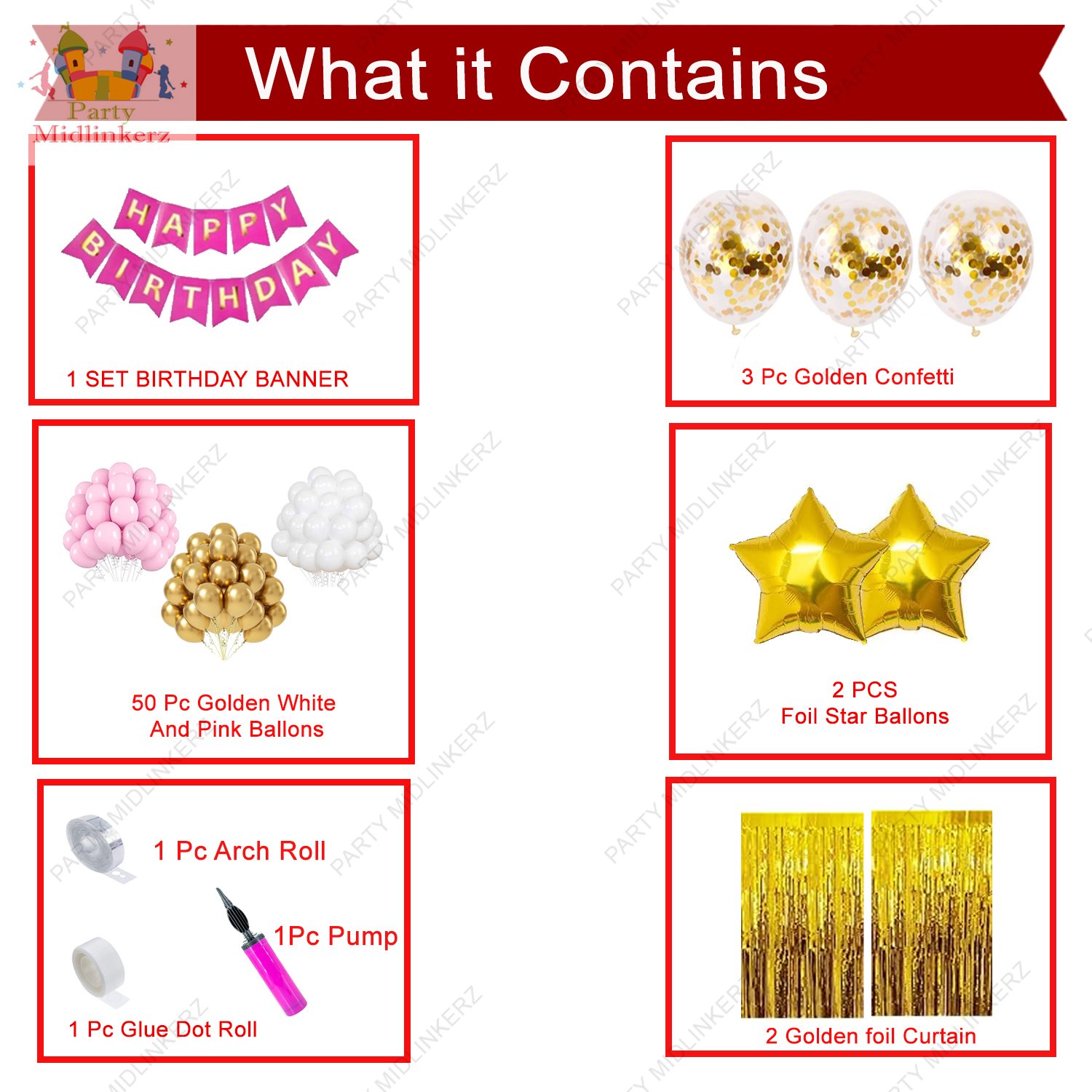 Midlinkerz Birthday Decoration Kit for Girls - 33Pcs Pink, White Golden Metallic Birthday balloons for Girls Decoration, Golden Foil Curtain, Pink Happy Birthday Banner/Birthday Decoration Combo Set Balloon (Pink, White, Gold, Pack of 33) - Image 2