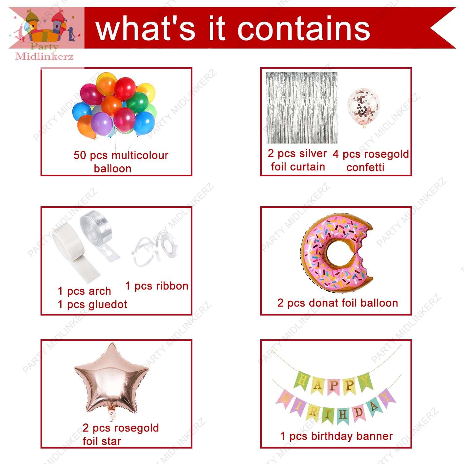 PARTY MIDLINKERZ Birthday Decoration for Girls, Happy Birthday Foil Balloon Kit Combo With Donuts (Set of 64) - Image 2