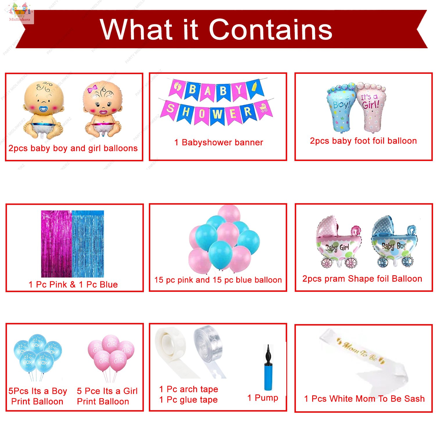 Midlinkerz Baby Shower Decoration Items - 50Pcs Baby Shower Decoration Foil with Pram (Set of 52) - Image 2