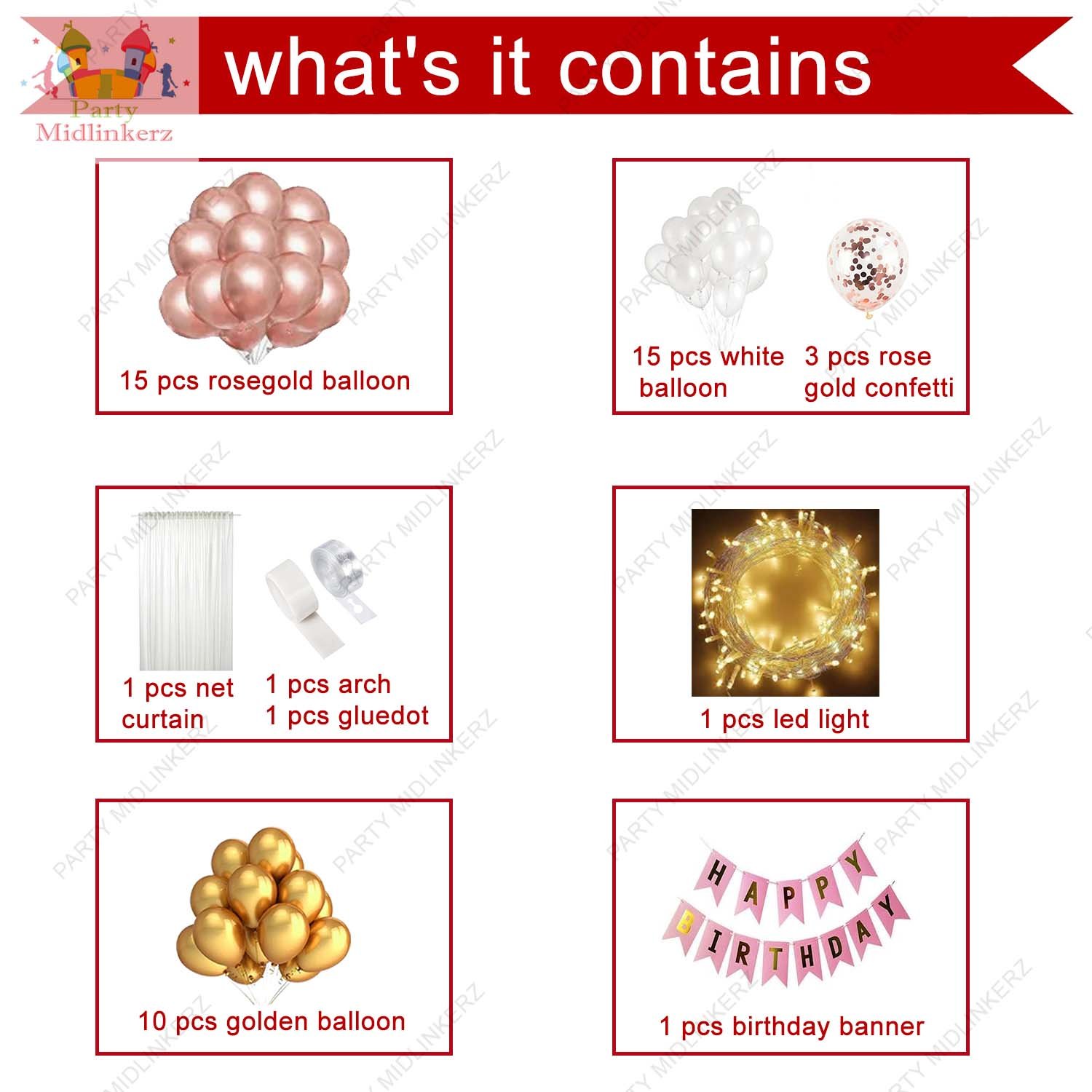 MIDLINKERZ Girls Happy Birthday Decoration kit items 48 Pcs With Net Curtain & Led Light (Set of 48) - Image 2