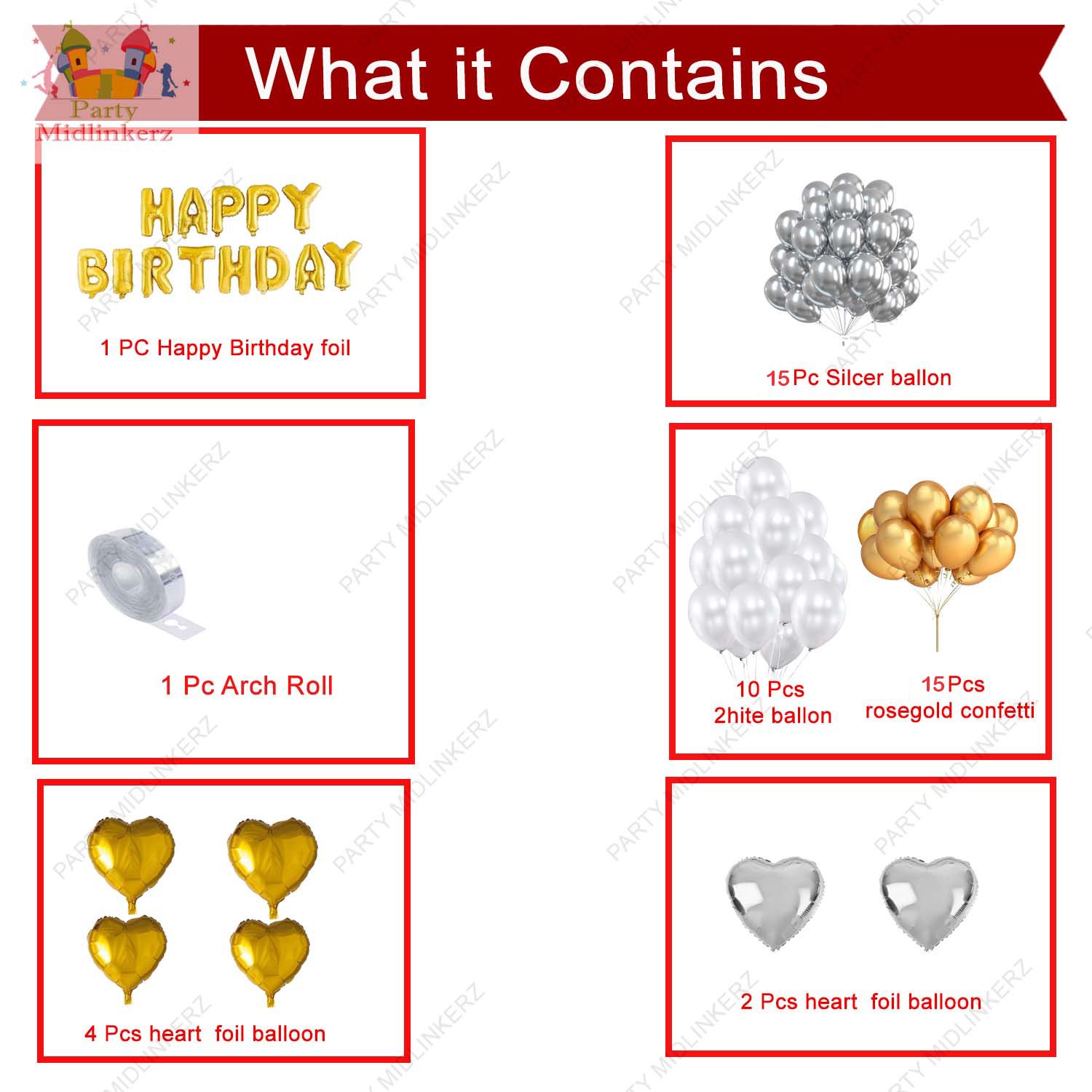 Midlinkerz Happy Birthday Decoration Kit Combo 57Pcs for Silver and Golden HBD Letter Foil Balloons Heart Foil Kids Adults 40th 50th 60th Theme Dcor/Happy Birthday Decoration Items Set - Image 2
