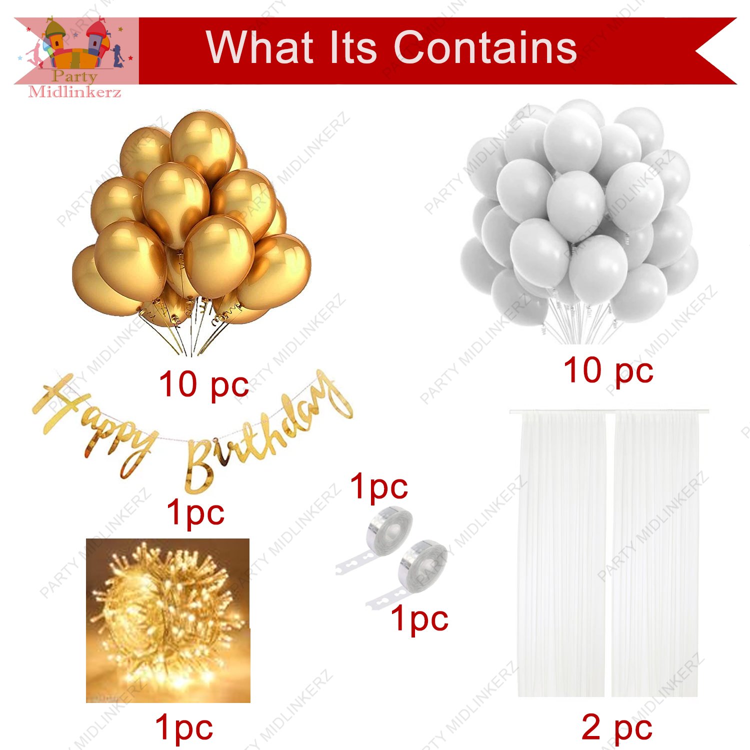 Midlinkerz Solid White and Golden Balloon Decoration for Birthday|with Led Light an Curtain Balloon Bouquet (White, Gold, Pack of 26) - Image 2