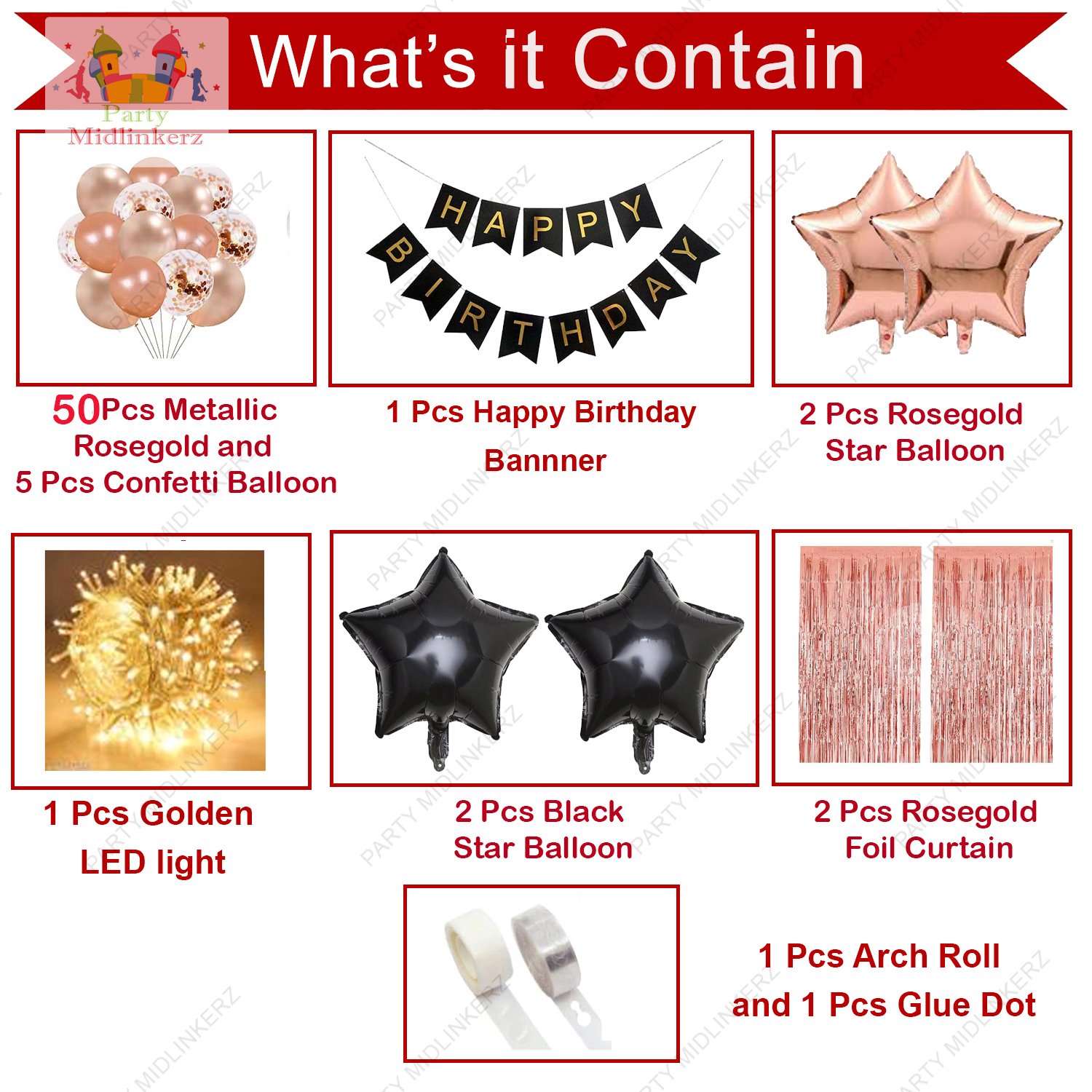 Midlinkerz Solid Happy Birthday Balloons Decoration Kit 68 Pcs, 1 set of Black "Happy Birthday" 13pcs alphabet Banner (Set of 68) - Image 2