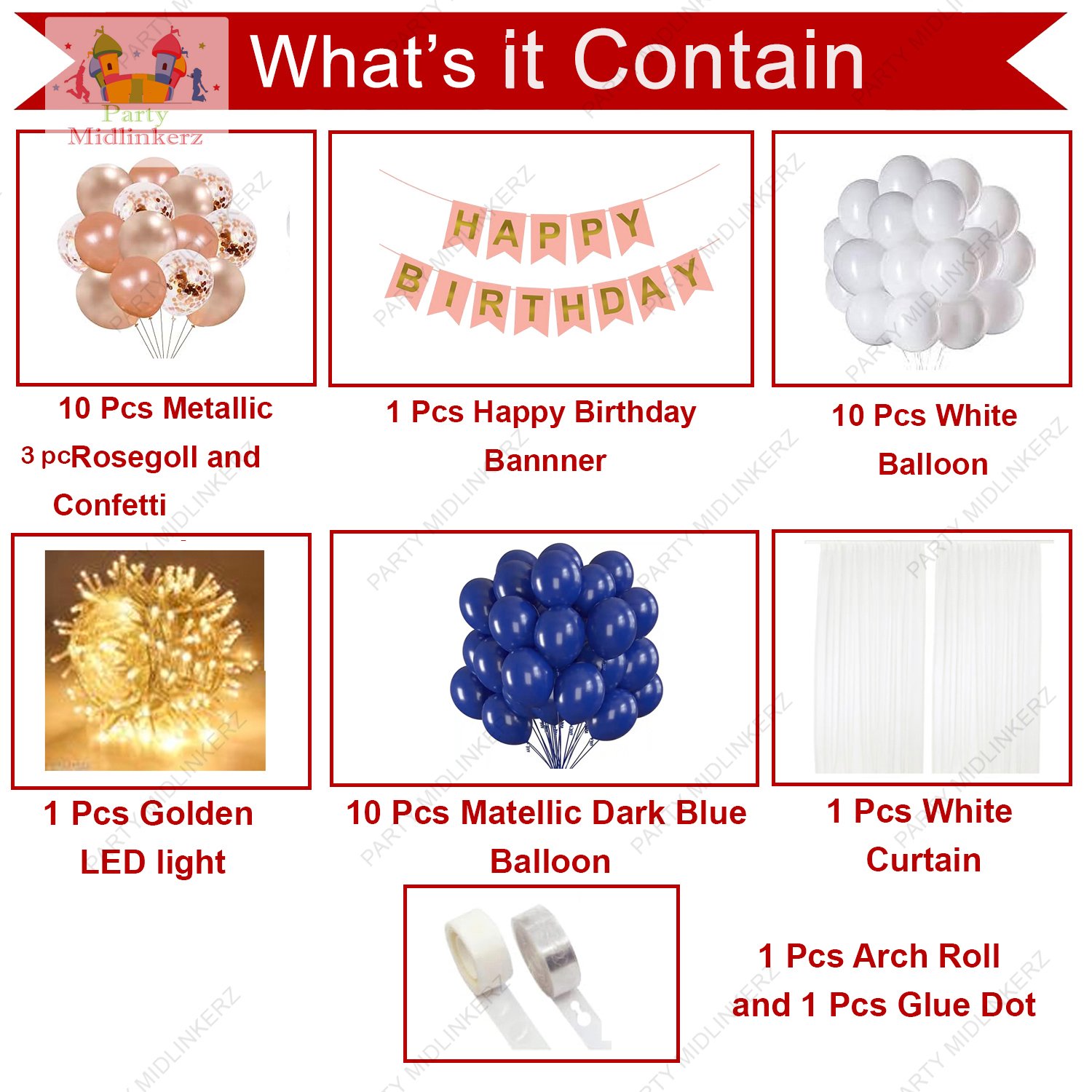 Midlinkerz Girl Happy Birthday Decoration kit items 40 Pcs With Net Curtain & Led Light (Set of 58) - Image 2