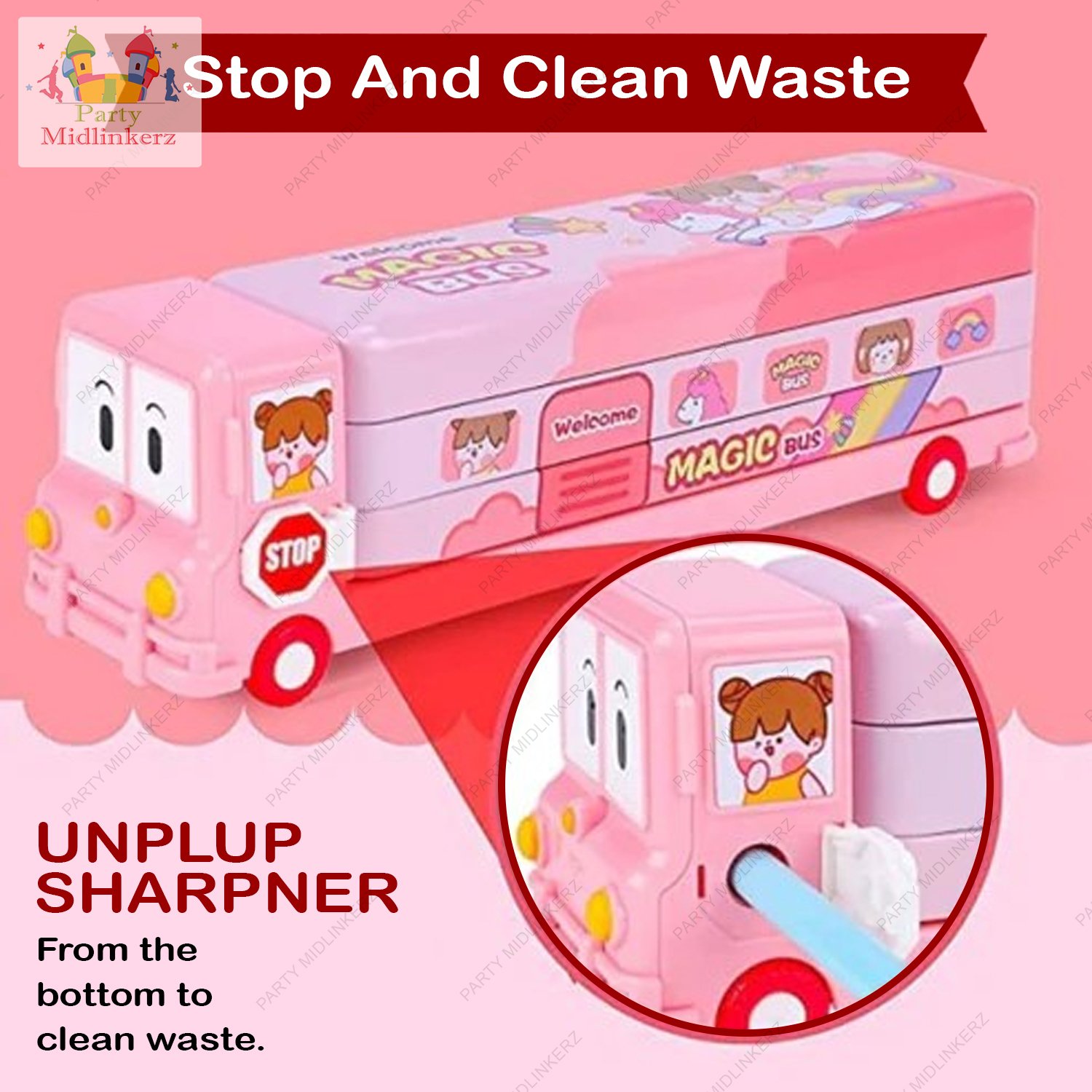 Midlinkerz Bus Shape Pencil Box School Bus Metal Geometry Box for Kids Magic Bus Moving Tyres with Dual Shelf Inbuilt Sharpener Geometry Box for Boys & Girls (Unicorn Bus Pink) - Image 5