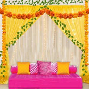 Midlinkerz Backdrop for Decoration with Fairy Light 9m, Marigold Garland, Artificial Leaves -13Pcs Haldi Decoration, Diwali Decoration for Home Decor, Navratri Decoration Items