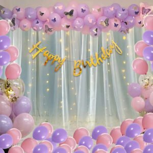 Midlinkerz Pink and Purple Birthday Decoration With White Net Curtain and Light SET OF 80