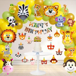 Midlinkerz Jungle Safari Happy Birthday Decoration Kids,Animal Birthday Party Decoration Paper Banner with Latex Balloons, Cake Topper and Cup Cake Topper for (Pack of 54)