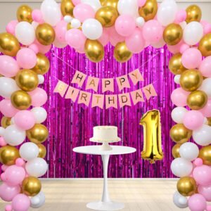 Midlinkerz Happy Birthday Balloons Decoration Kit 29 Pcs, 1 set of Pink "Happy Birthday" 13pcs alphabet Banner and 24pcs HD Metallic (Pink, White & Golden) and 3Pcs Pink Curtains with 1Pc Number Balloon for Kids Girl Birthday Balloons Decorations Items Combo with Happy Birthday Banner boy 1st Birthday Latex Metallic Balloons Balloon (Multicolor, Pack of 29)  (Set of 29)
