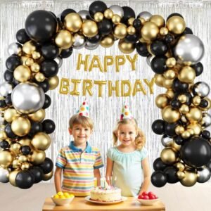 MIDLINKERZ Happy Birthday Decoration Kit Combo - 53Pcs Black Golden Silver Items Set with 2Pcs Silver Foil Curtain,50 Pcs Metallic Balloons, Golden Happy Birthday Foil Balloon/Balloon Set