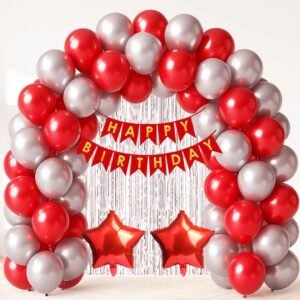 MIDLINKERZ Flyloons Birthday Decoration Items For Girls Boys With Red And White Theme Metallic Balloons, Red Star Foil Balloons, Silver Foil Curtain, Red Banner, 46 Pcs