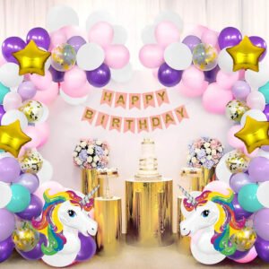MIDLINKERZ Star Enterprises Pack Of 68 Pcs Unicorn Themed Birthday Decorations Items Combo Set Kit With Happy Birthday Bunting Banner, Unicorn Foil Balloons, Metallic Balloons & Star Shaped Foil Balloons