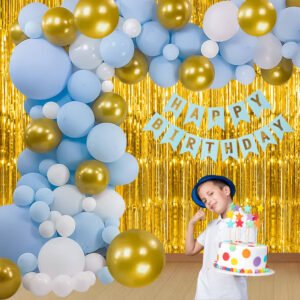 Midlinkerz Happy Birthday Balloons Decoration Items Combo Kit Blue Gold White - 93Pcs For Kids Boys Adult Men Husband, Quarantine Theme Decorations