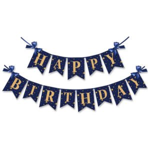 Navy Blue Happy Birthday Banner Gold Glitter Letters
