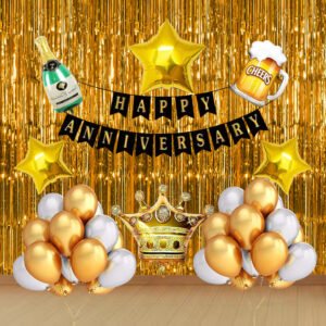 Party Midlinkerz Happy Anniversary Decoration Kit For Bedroom - 63 Items Set - Paper Banner, Foil Curtains, Balloons, Foil Balloons, Lights For Home, Husband, Wife (Golden )