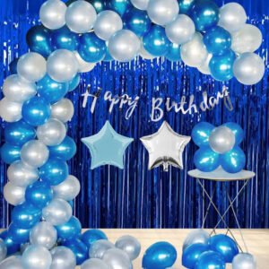 Party Midlinkerz Happy Birthday Decoration Items Combo Set- 32 Pcs Birthday Bunting Blue Foil Curtain Silver And Blue Metalic Balloons With Happy Birthday Banner