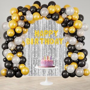 Midlinkerz Happy Birthday Decoration Kit Combo Black Golden Silver Items Set with 2Pcs Silver Foil Curtain,30 Pcs Metallic Balloons, Golden Happy Birthday Foil Balloon/Balloon 37Pcs Set