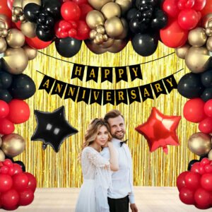 Party Midlinkerz Happy Anniversary Decoration Set - Combo of 34 Pcs | Balloons for Anniversary | Anniversary Decoration Items | Happy Wedding Anniversary Banner | Black And Golden Balloons