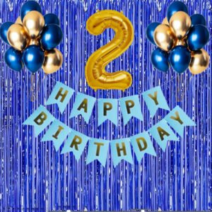 MIDLINKERZ Solid Happy Birthday Balloons Decoration Kit 29 Pcs, 1 set of Blue "Happy Birthday" 13pcs alphabet Banner and 24pcs HD Metallic (Blue & Golden) and 3Pcs Blue Curtains with 1Pc Number Balloon for Kids Birthday Balloons Decorations Items Combo with Happy Birthday Banner boy 2nd Birthday Latex Metallic Balloons Balloon (Multicolor, Pack of 29) (Set of 29)