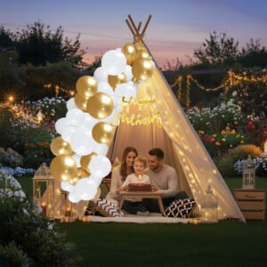 Party Midlinkerz Happy Birthday Decoration Kit for Husband Wife, Canopy Tent for Decorations, White Golden Balloons for Decor With White Net