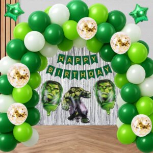 Party Midlinkerz Wagon Hulk Birthday Decoration Combo Set – Green & White Balloons, Hulk Foil Balloon, Confetti Balloons, Foil Curtains, Banner – Kids Birthday Party Supplies (44 Pcs)