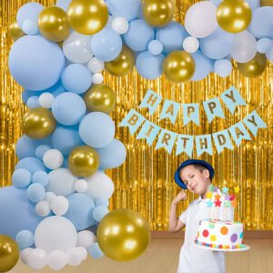 Party Midlinkerz Happy Birthday Banner(Blue Gold) for Birthday Decoration + Fringe Curtain (3x6 Feet) + HD Metallic Balloons (Blue, Gold and White) Pack of 30 + Free Golden Ribbon