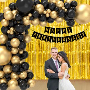 PARTY MIDLINKERZ Happy Anniversary Balloons Decoration Kit 33 Pcs, 1 set of Happy Anniversary banner and 30 Pcs Golden and Black Metallic Balloons Set with 2 Pcs Golden foil curtain for Husband Kids Boys Balloons Decorations Items Combo with Helium Letters Foil Balloon Banner, Latex Metallic Balloons Balloon (Multicolor, Pack of 33) (Set of 33)
