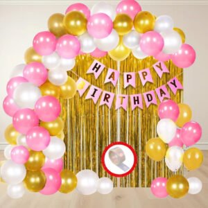 PARTY MIDLINKERZ HAPPY BIRTHDAY Combo Printed Pink Banner(1 PC) With Metallic Balloons Pink, Golden, White (30 PCS) & Decorative Golden Curtains(2 PCS) For Boys, Girls, Husband, Wife Birthday Party Decorations (Set of 33) (Set of 33)